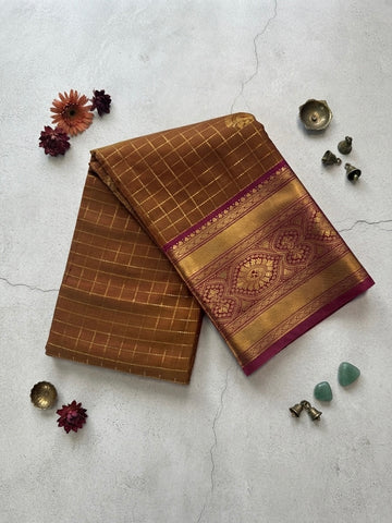 Kanchi saree-Handwoven Brown with Gold Zari Checks
