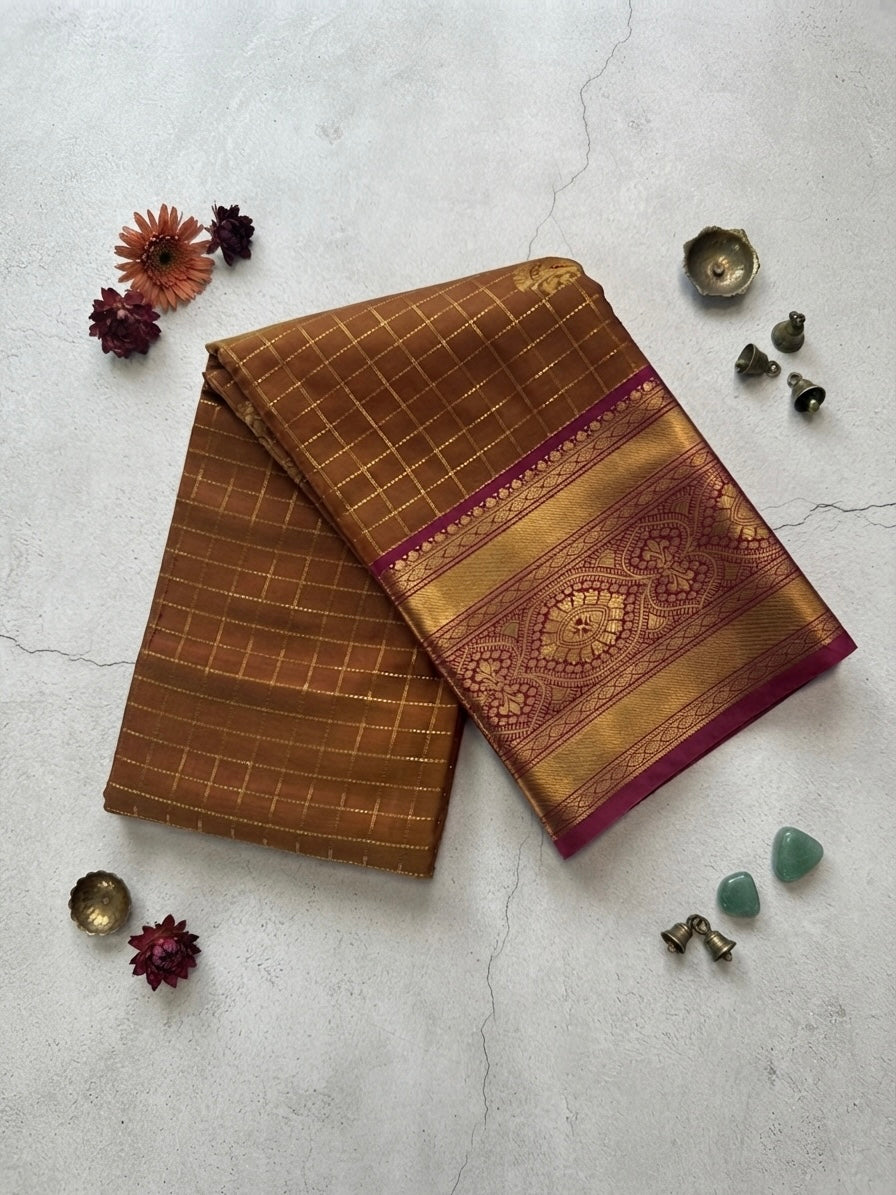 Kanchi saree-Handwoven Brown with Gold Zari Checks