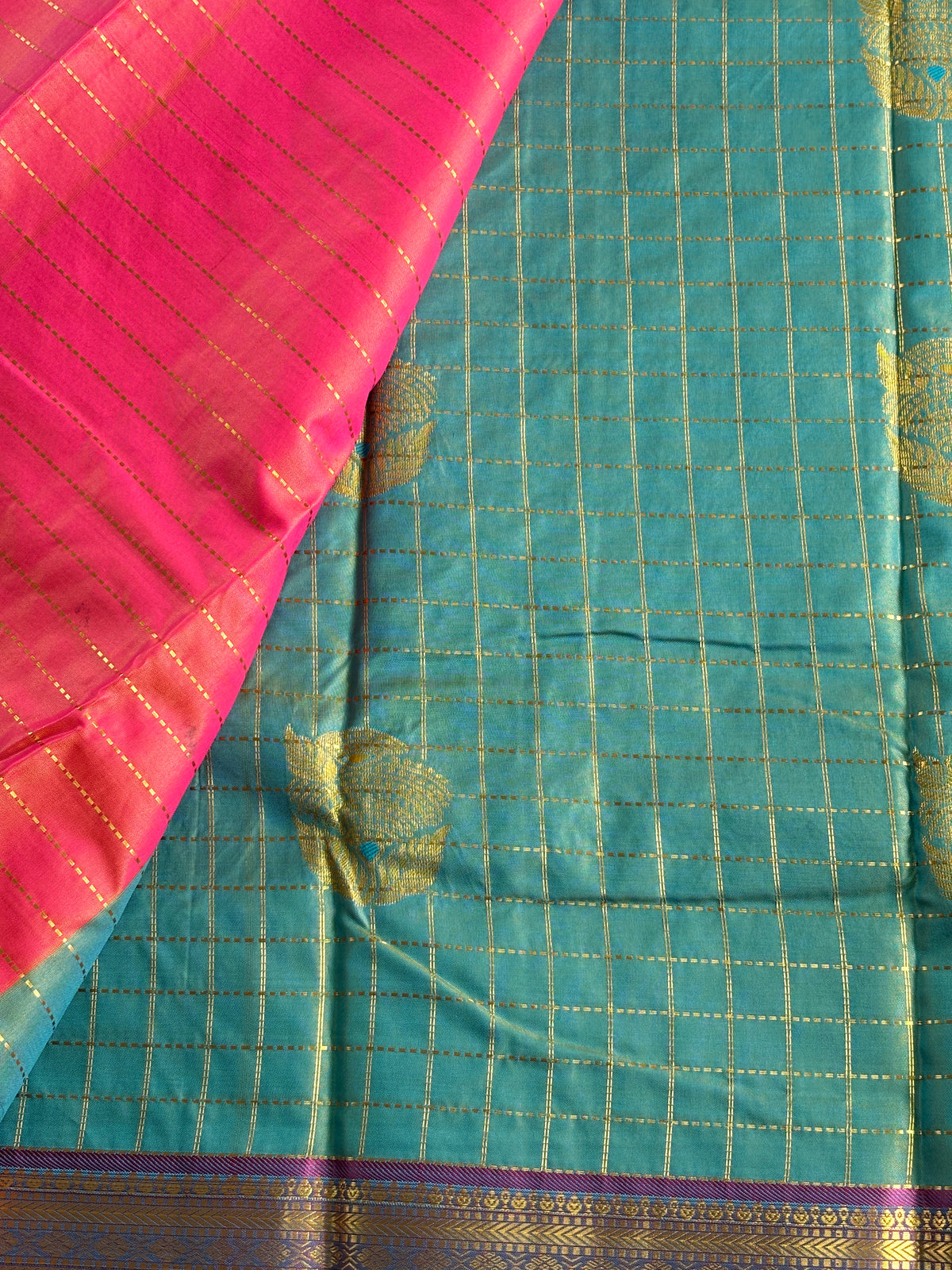 Kanchipuram Silk Saree-Elegant Sea Green with Rich Purple and Gold Zari