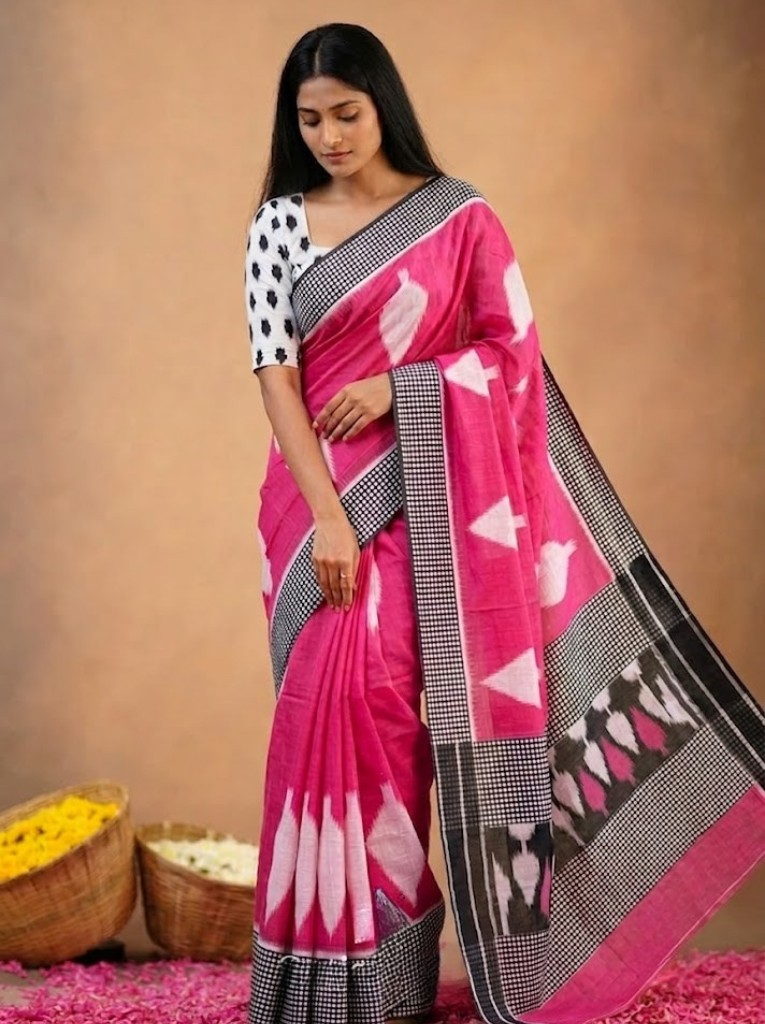 Cleodiva pure -  Pink with Black printed Malmal cotton saree.