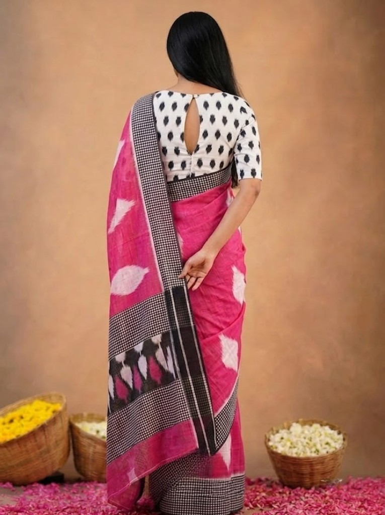 Cleodiva pure -  Pink with Black printed Malmal cotton saree.