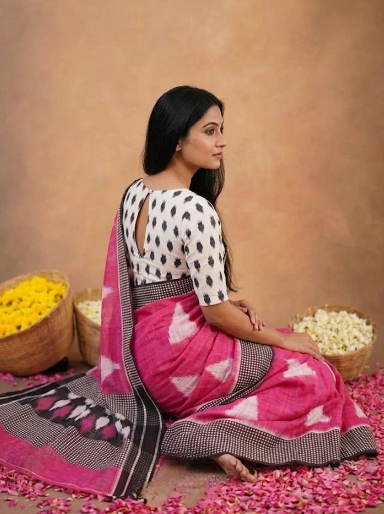 Cleodiva pure -  Pink with Black printed Malmal cotton saree.