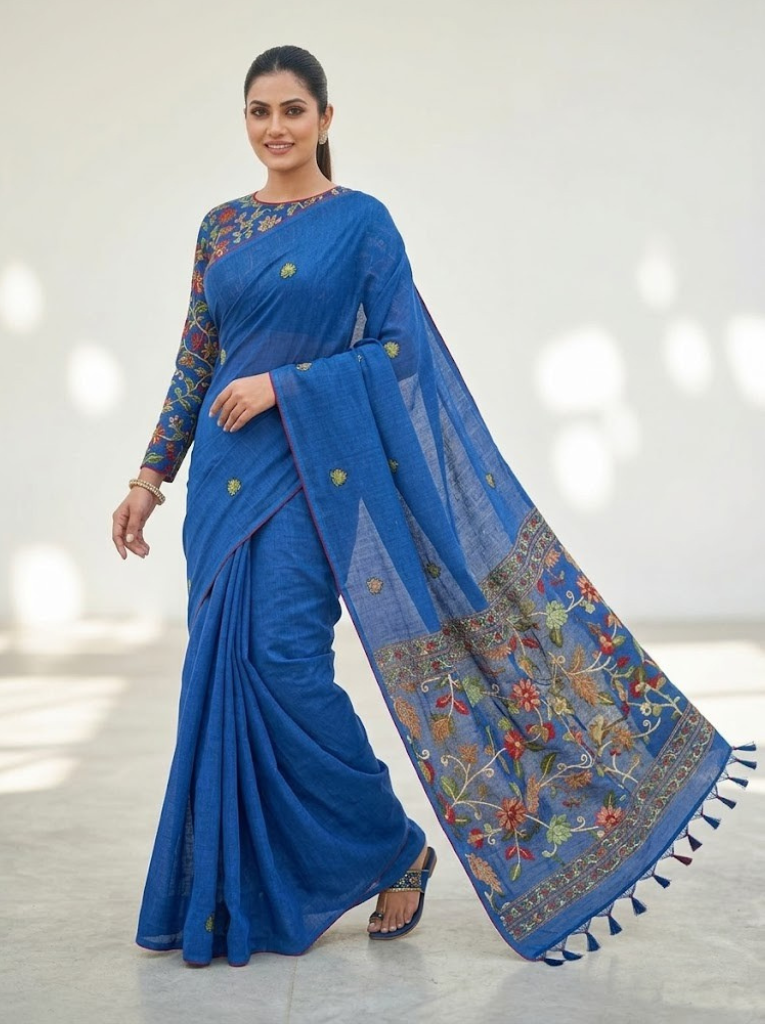 Linen Cotton Saree – Blue with Flower Pattern