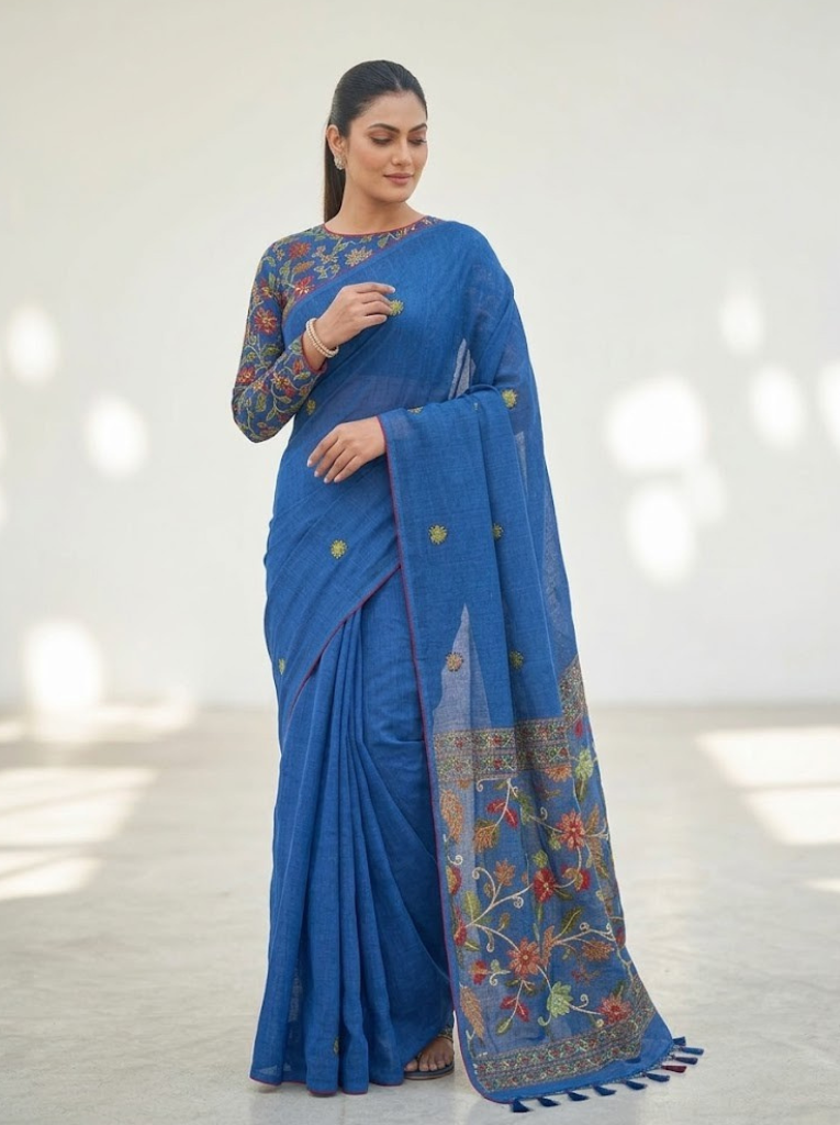 Linen Cotton Saree – Blue with Flower Pattern