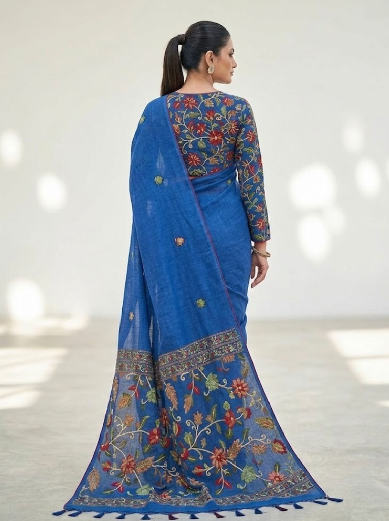 Linen Cotton Saree – Blue with Flower Pattern
