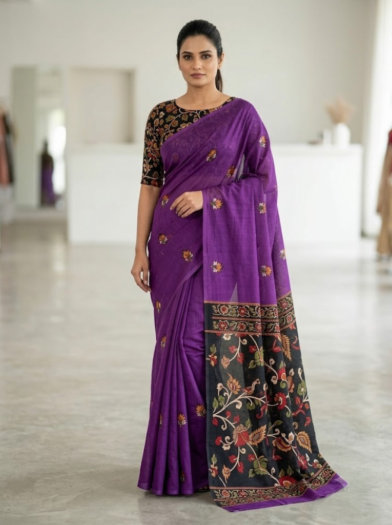 Linen Cotton Saree – Purple with Green