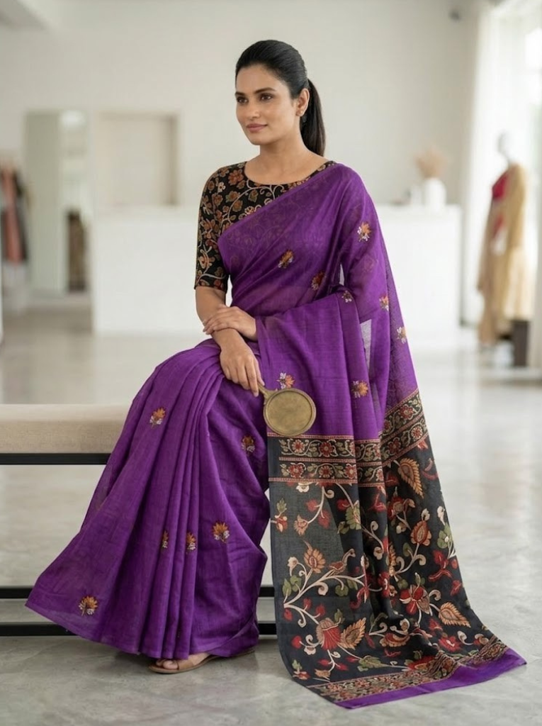 Linen Cotton Saree – Purple with Green