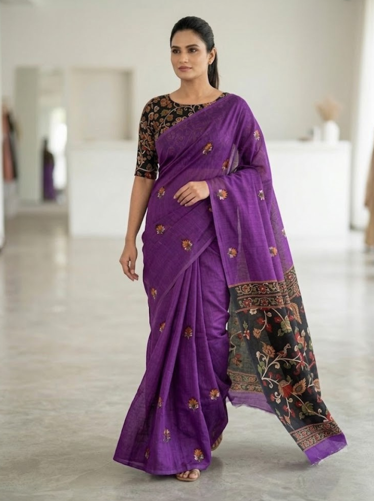 Linen Cotton Saree – Purple with Green