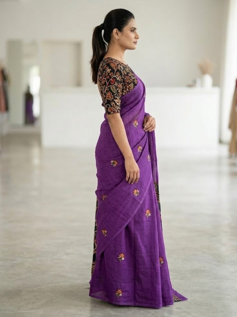 Linen Cotton Saree – Purple with Green
