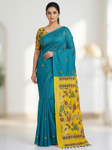 Linen Cotton Saree – Blue with Yellow