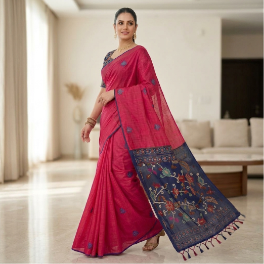 Linen Cotton Saree – Pink with Dark Blue