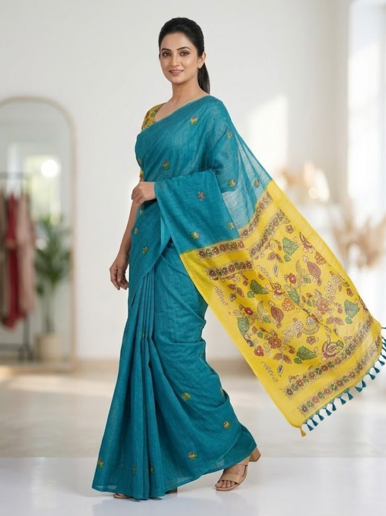 Linen Cotton Saree – Blue with Yellow