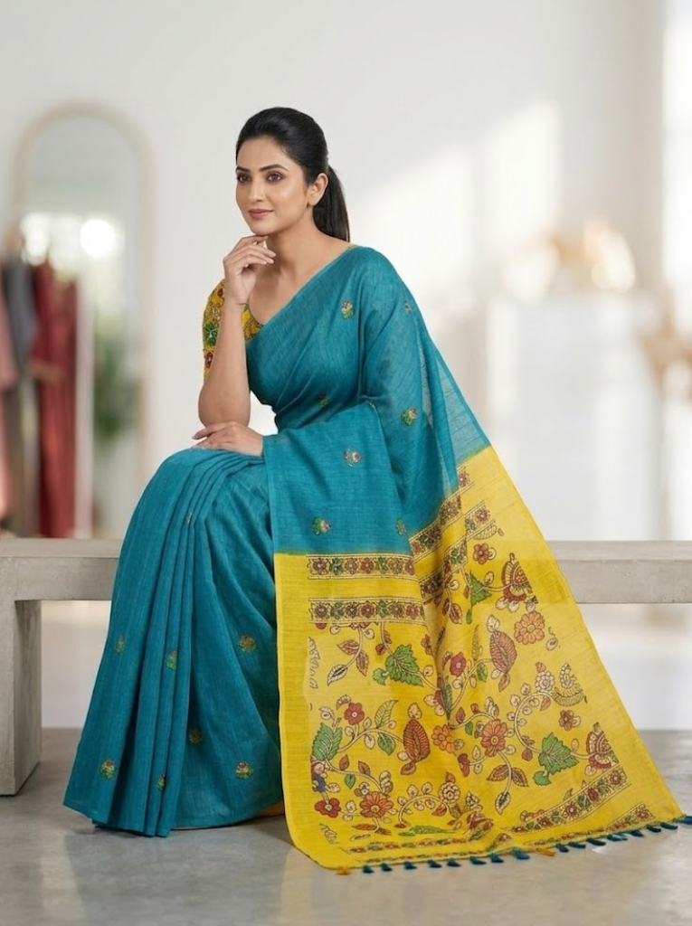 Linen Cotton Saree – Blue with Yellow