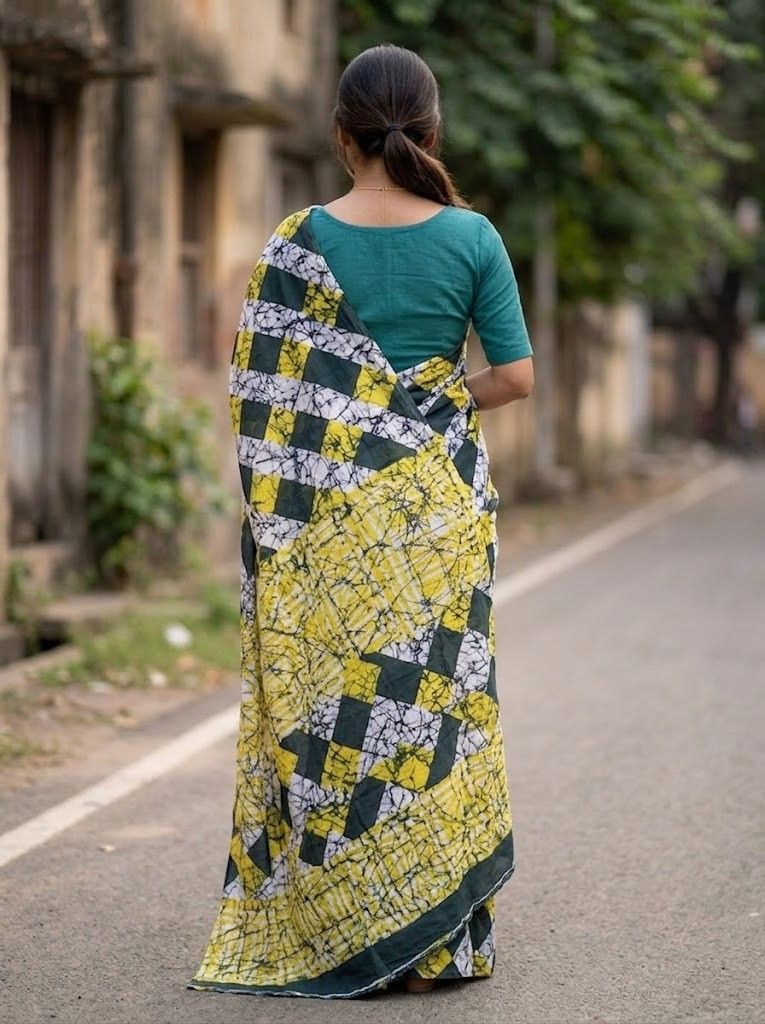 Cleodiva harmony - Diamond Pattern Yellow Malmal cotton Saree