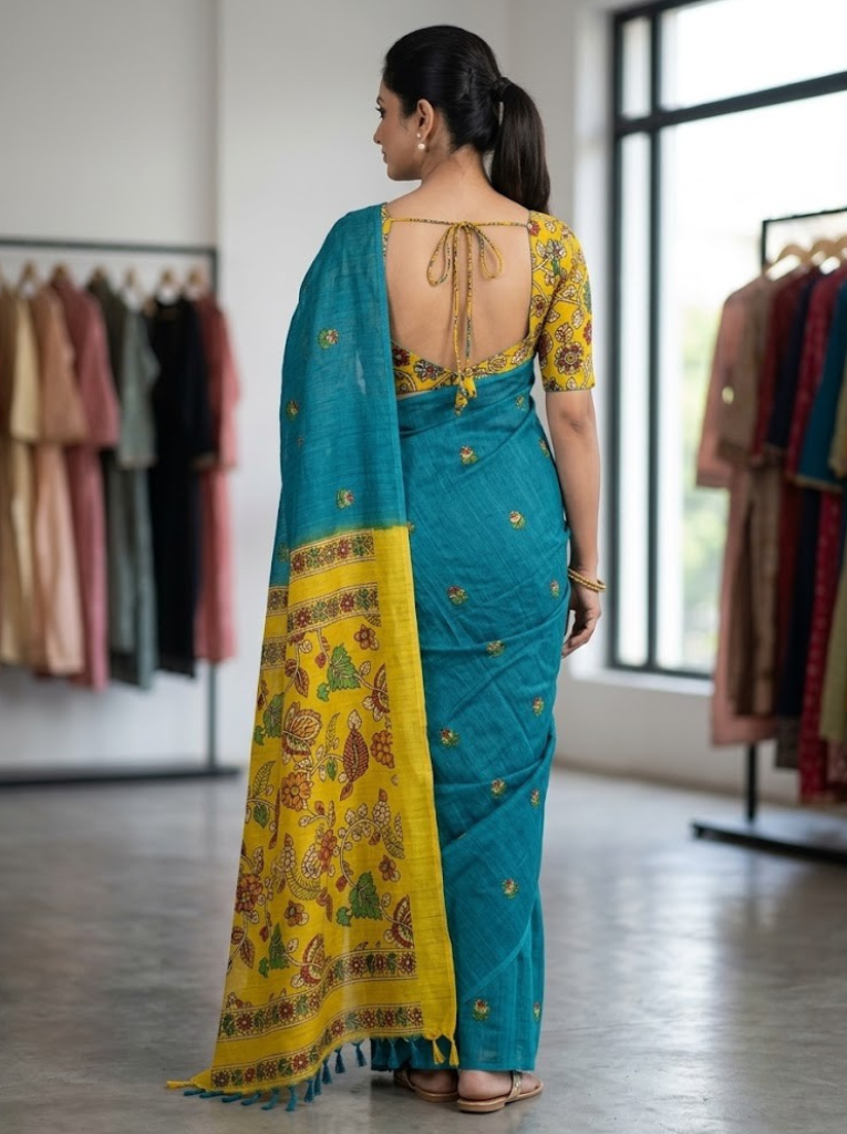 Linen Cotton Saree – Blue with Yellow