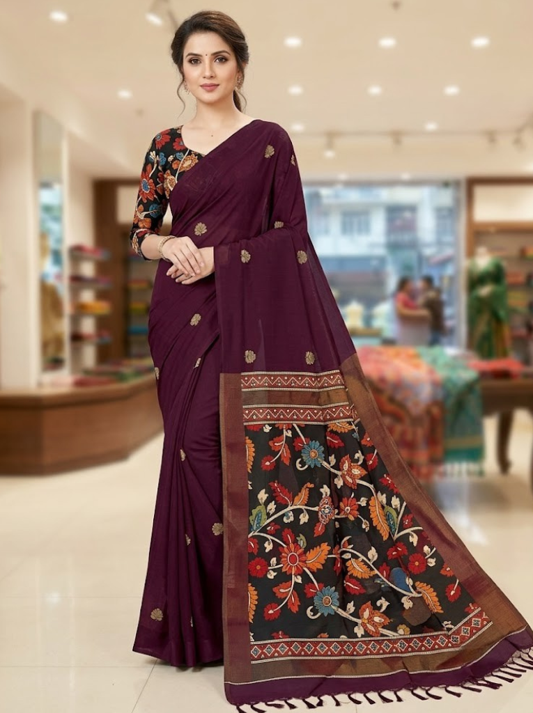 Linen Cotton Saree – Maroon with Flower Pattern