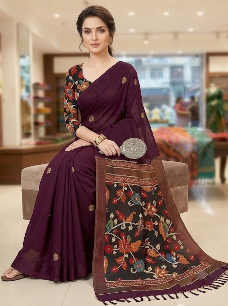 Linen Cotton Saree – Maroon with Flower Pattern
