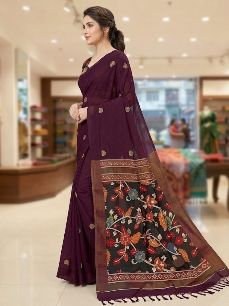 Linen Cotton Saree – Maroon with Flower Pattern