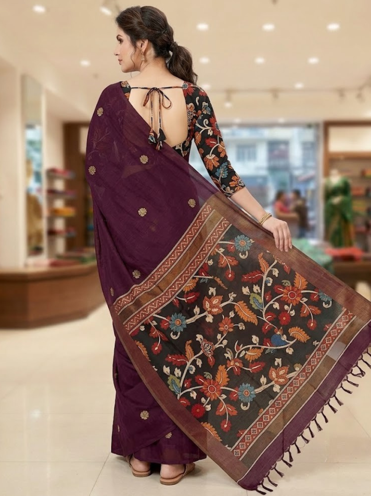 Linen Cotton Saree – Maroon with Flower Pattern