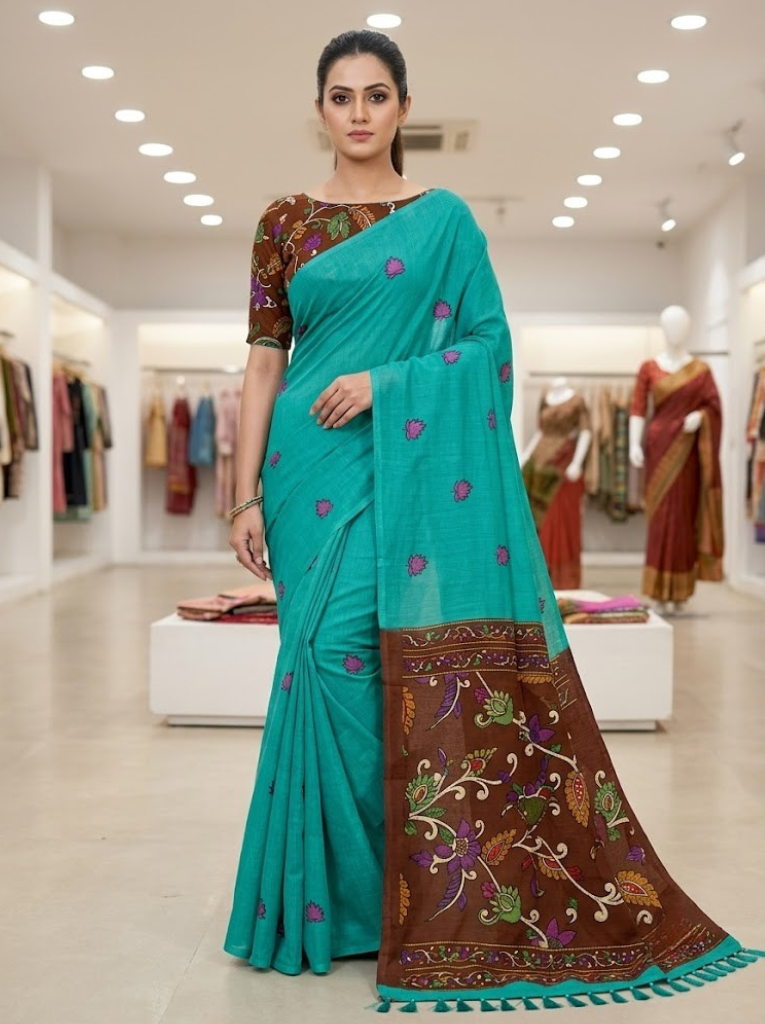 Linen Cotton Saree – Light Blue with Maroon