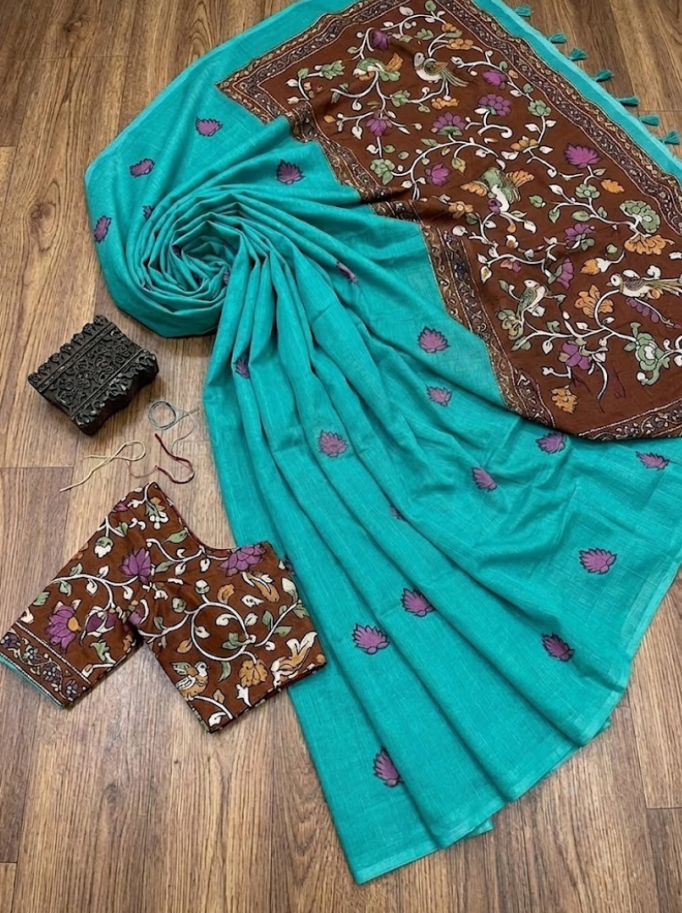 Linen Cotton Saree – Light Blue with Maroon