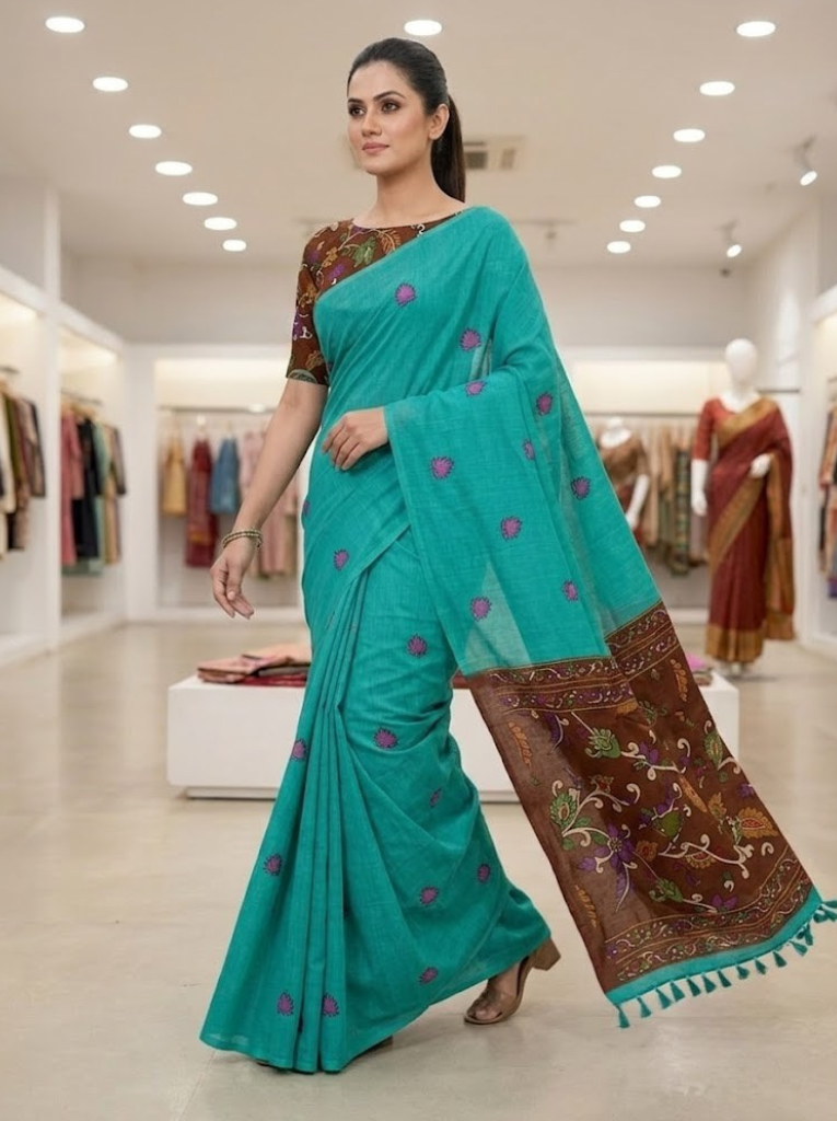 Linen Cotton Saree – Light Blue with Maroon