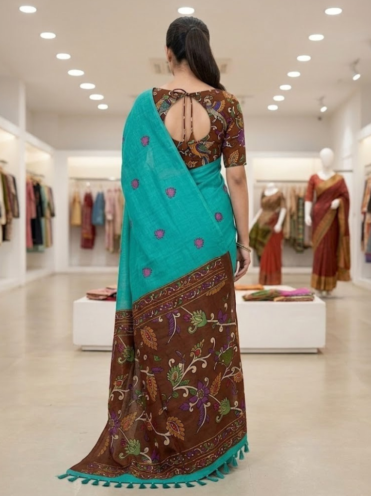 Linen Cotton Saree – Light Blue with Maroon