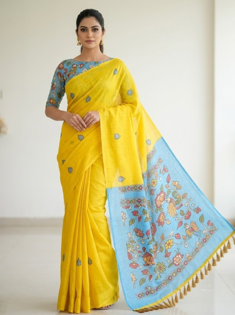 Linen Cotton Saree – Yellow with Sky Blue