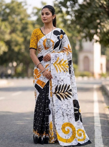 Cleodiva elegance - Yellow with White & Black with abstract print Malmal cotton saree
