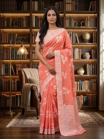 Cleodiva Grace – cotton orange with white Malmal Cotton Saree with White Floral Border
