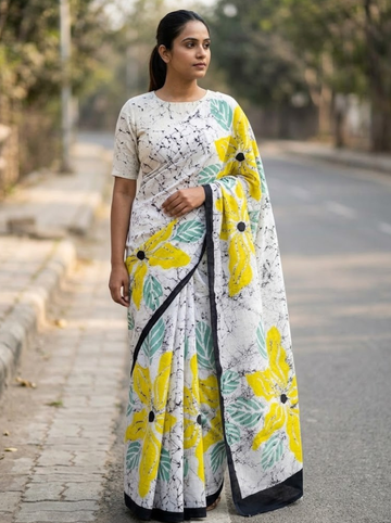 Cleodiva softweaven -Yellow with White floral print Malmal cotton saree