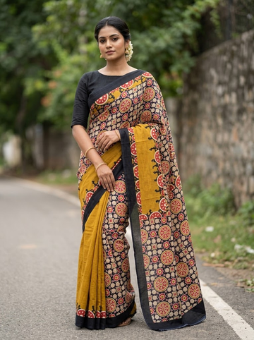 Cleodiva premium- Cotton Mustard Yellow Saree with abstract print