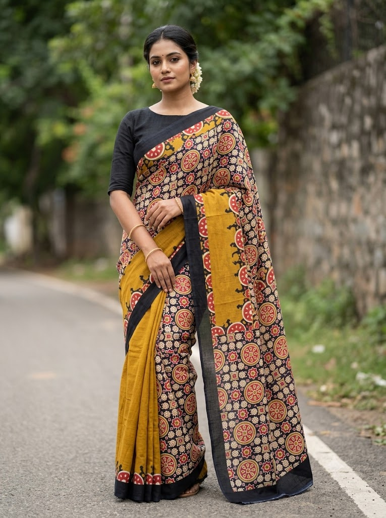Cleodiva premium- Cotton Mustard Yellow Saree with abstract print