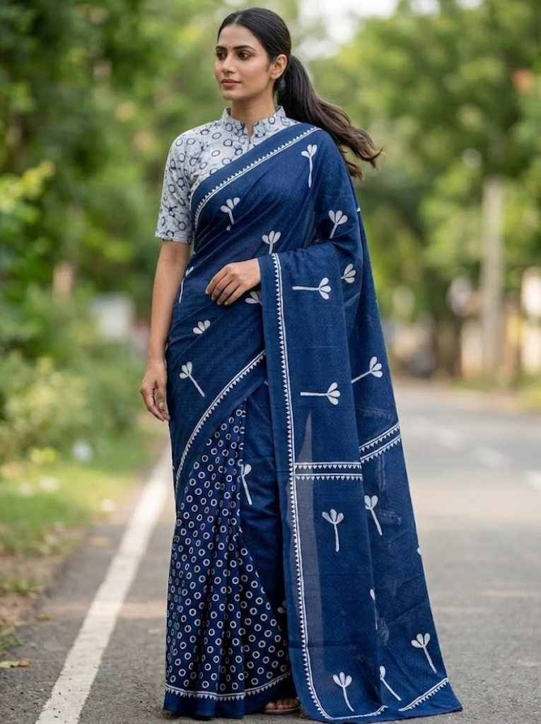 Cleodiva elegant - Cotton Blue with White Flower Saree