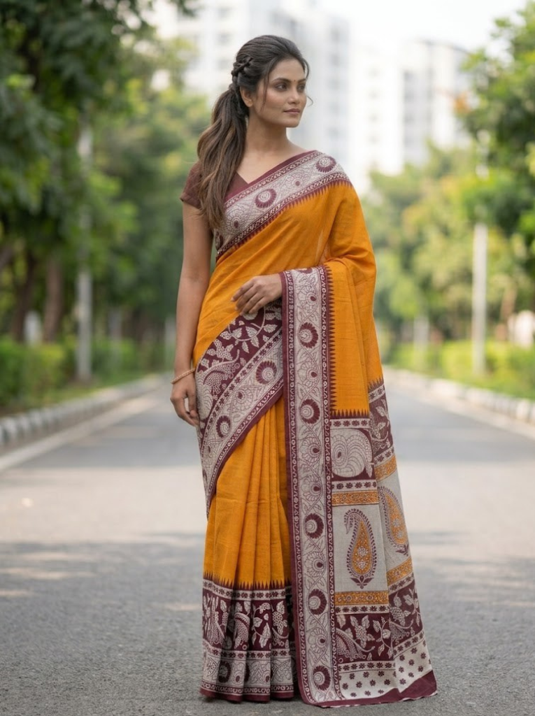 Cleodiva aura - Cotton Orange with Maroon Saree floral print.