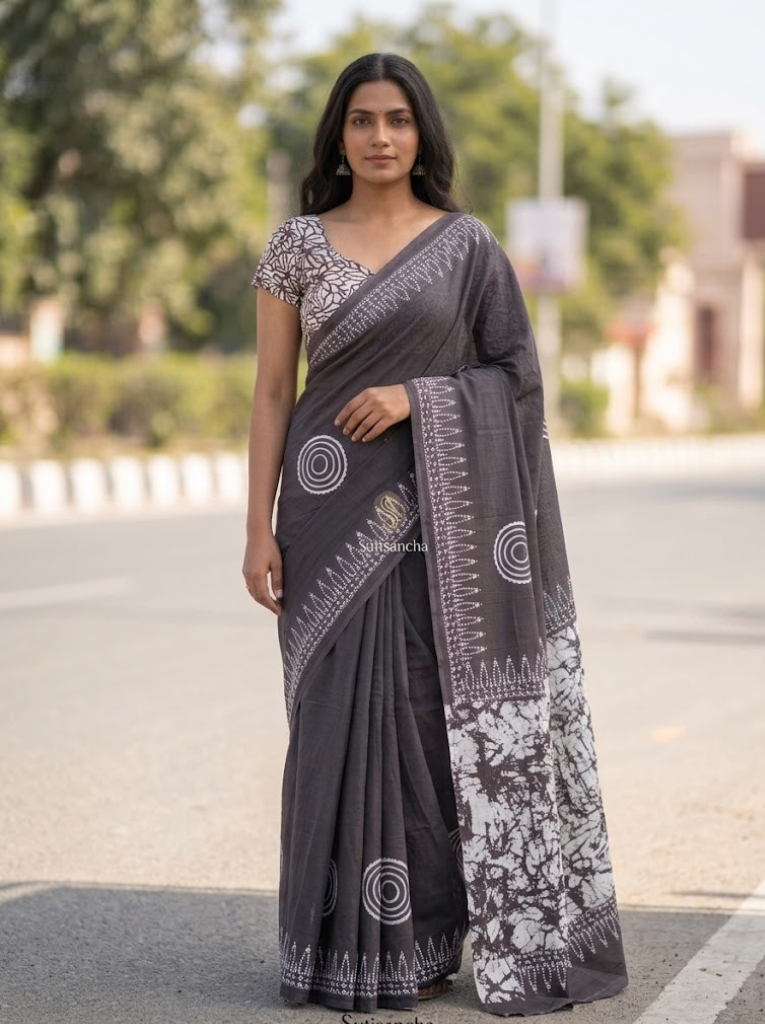 Cleodiva comfort - Ash Mamal cotton saree with white hand block print .