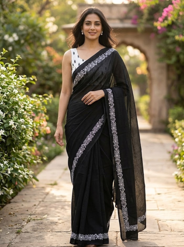 Cleodiva comfort - White Flower Border Black malmal cotton Saree.