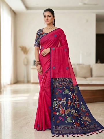 Linen Cotton Saree – Pink with Dark Blue