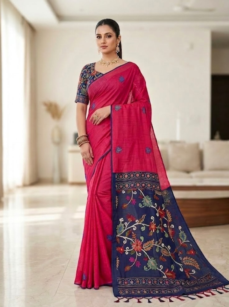 Linen Cotton Saree – Pink with Dark Blue