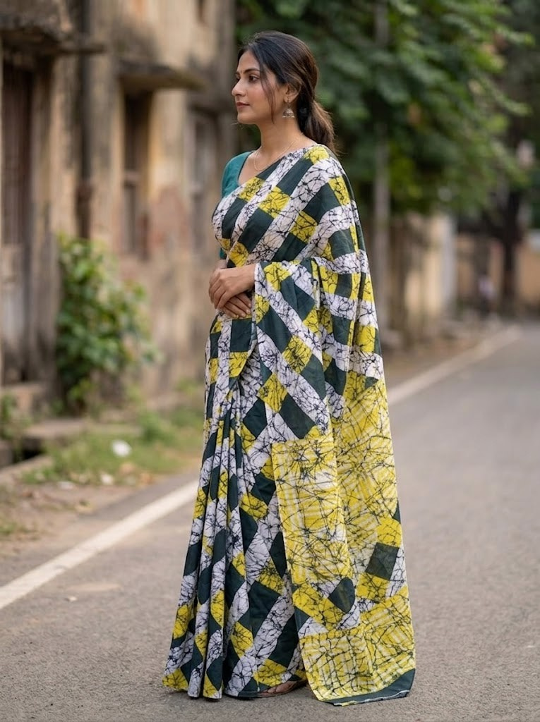 Cleodiva harmony - Diamond Pattern Yellow Malmal cotton Saree