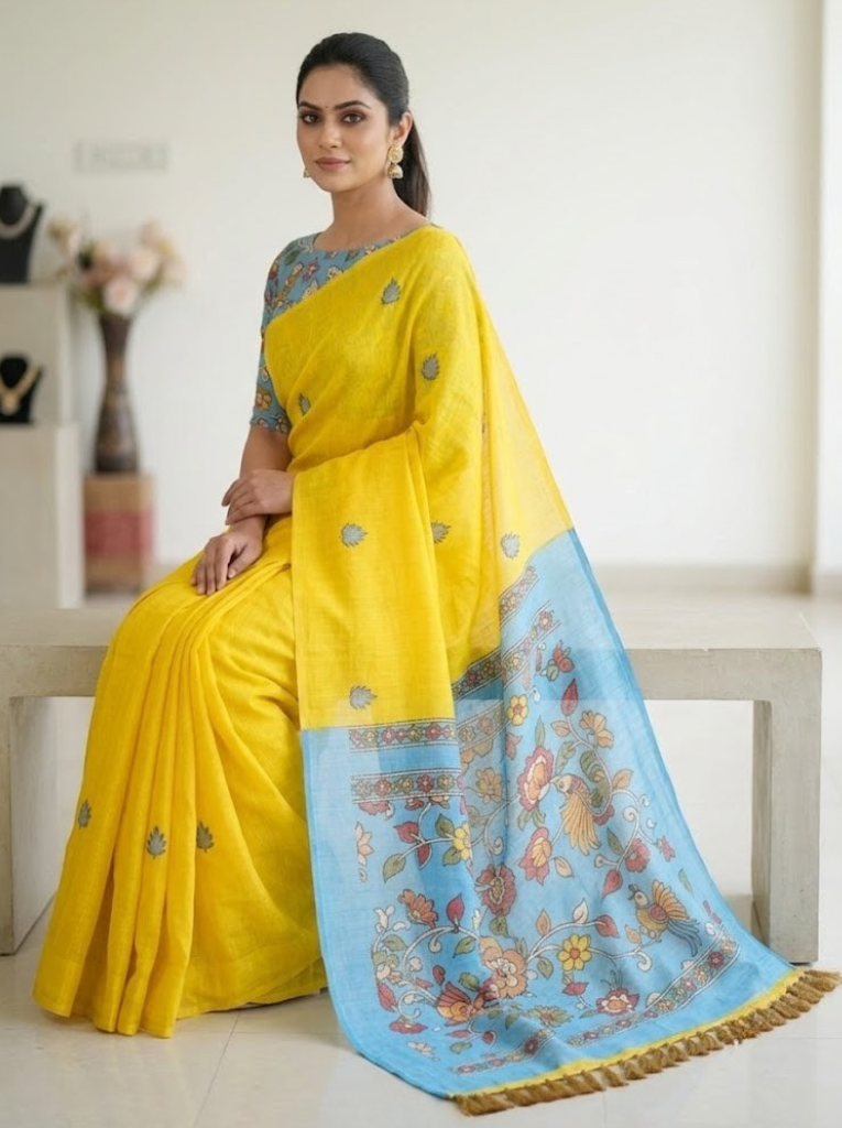 Linen Cotton Saree – Yellow with Sky Blue