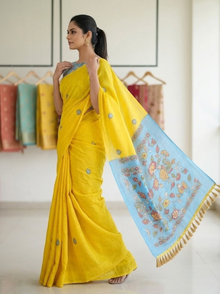 Linen Cotton Saree – Yellow with Sky Blue