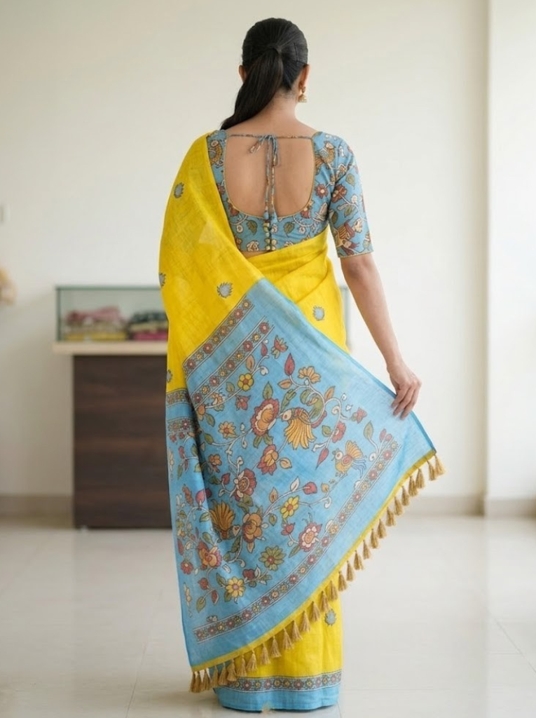 Linen Cotton Saree – Yellow with Sky Blue