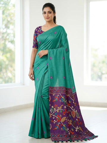Linen Cotton Saree – Green with Purple