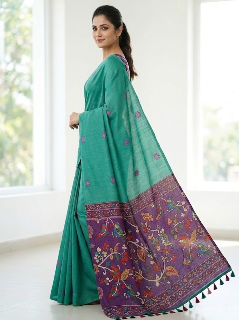 Linen Cotton Saree – Green with Purple