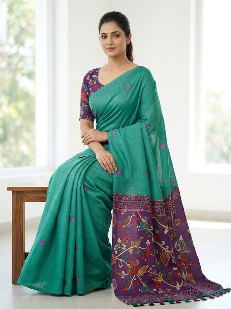 Linen Cotton Saree – Green with Purple