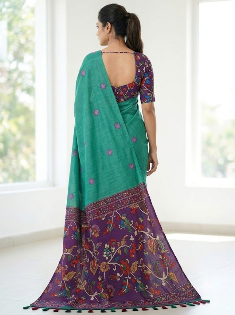 Linen Cotton Saree – Green with Purple