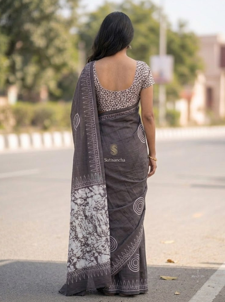 Cleodiva comfort - Ash Mamal cotton saree with white hand block print .