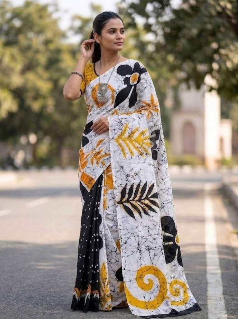 Cleodiva elegance - Yellow with White & Black with abstract print Malmal cotton saree