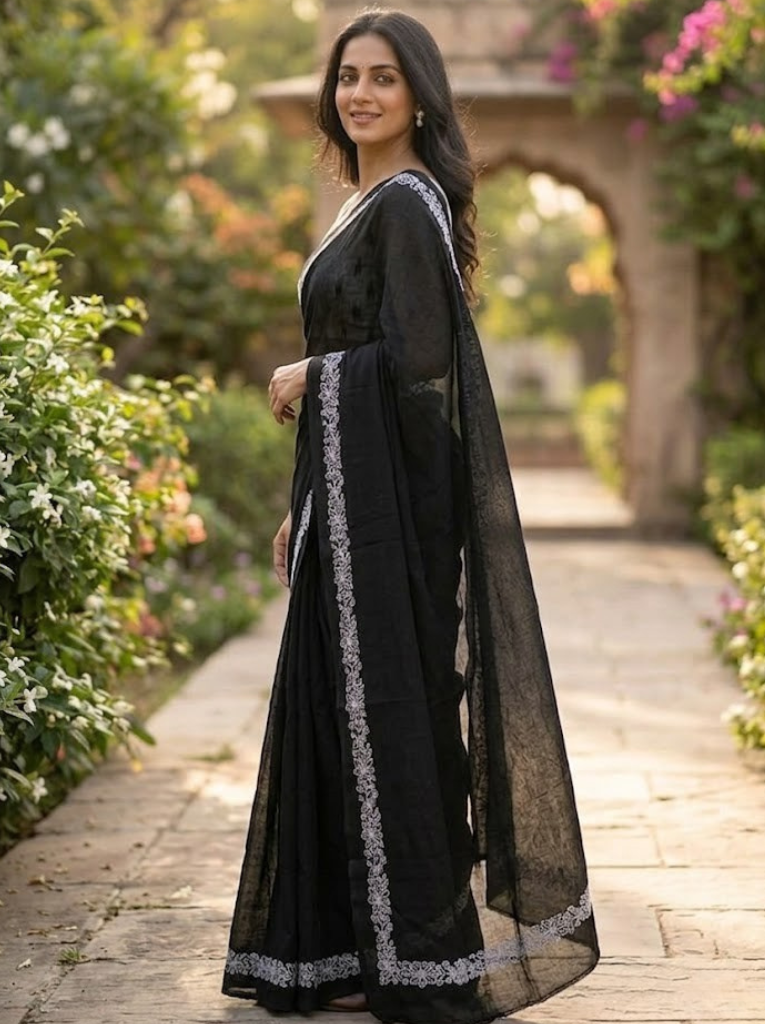 Cleodiva comfort - White Flower Border Black malmal cotton Saree.